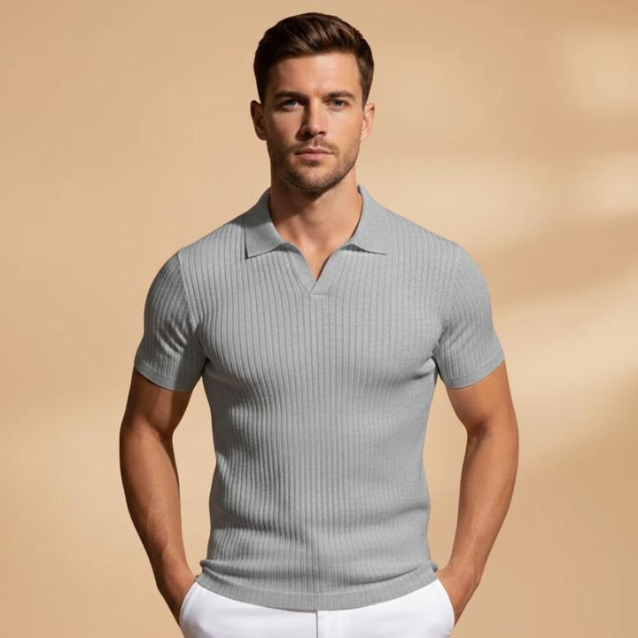 Stylish men's slim fit polo with a ribbed texture, short sleeve. Perfect for smart casual spring & summer outfits.