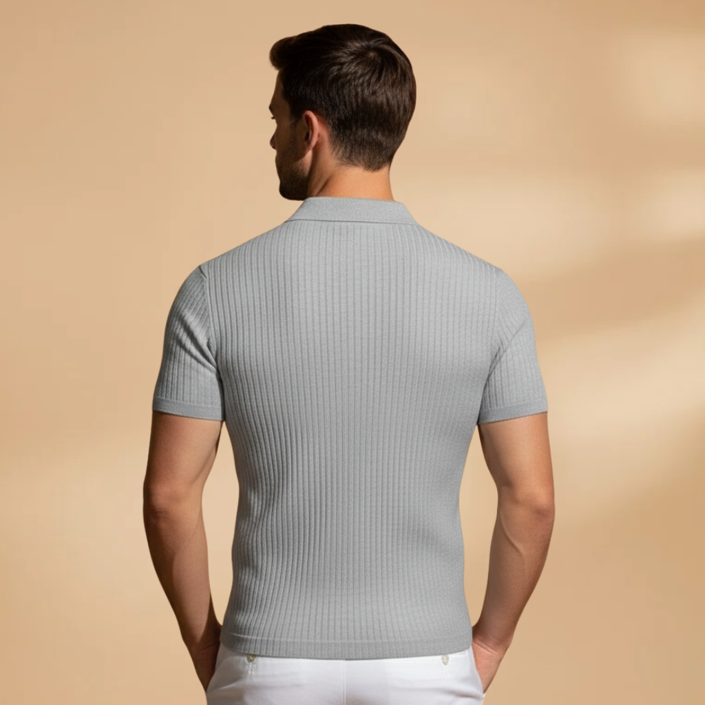 Versatile men's ribbed polo shirt, slim fit, short sleeve. Great for a polished yet casual modern look.