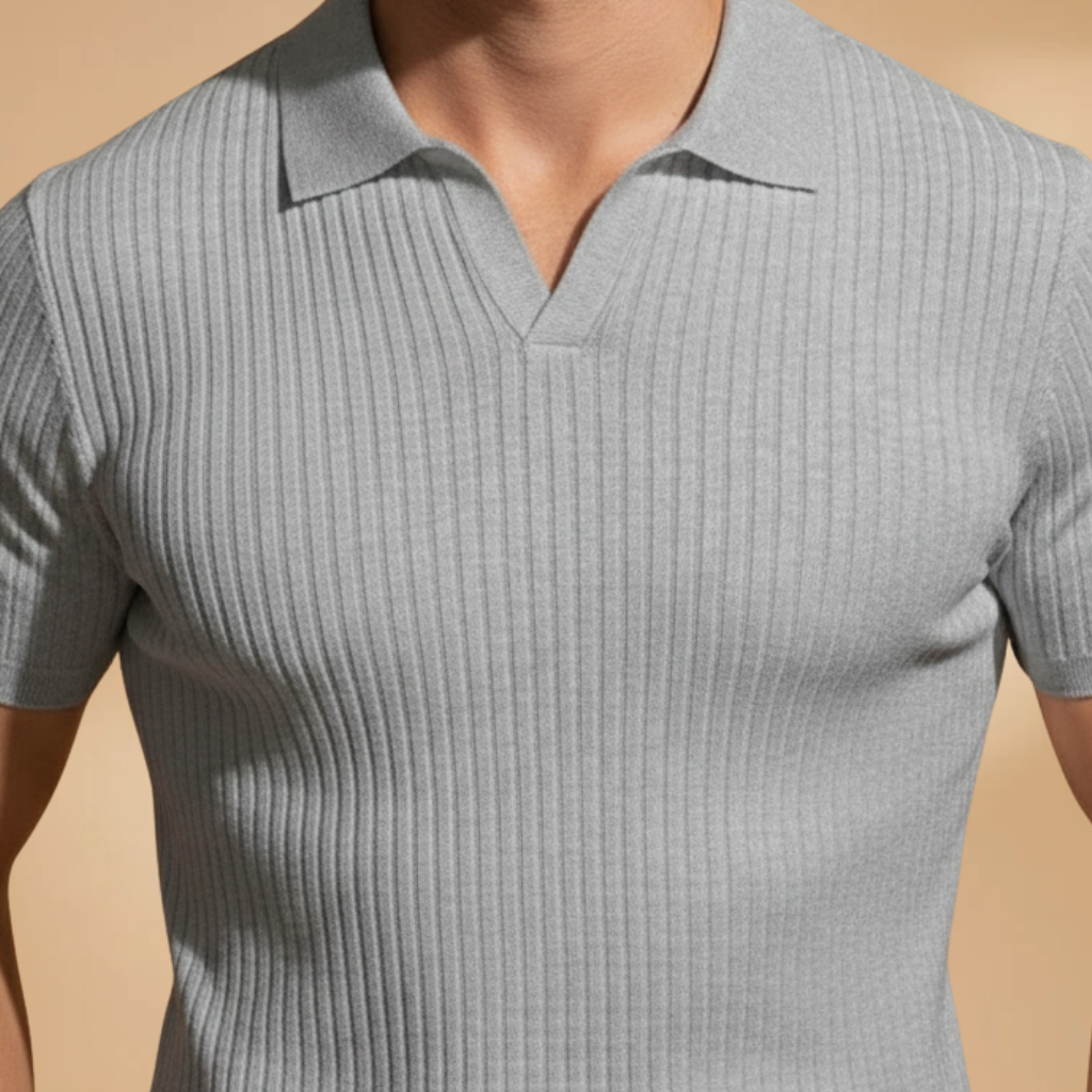 Sleek men's slim fit ribbed polo, short sleeve, offering a stylish modern edge for spring & summer fashion.