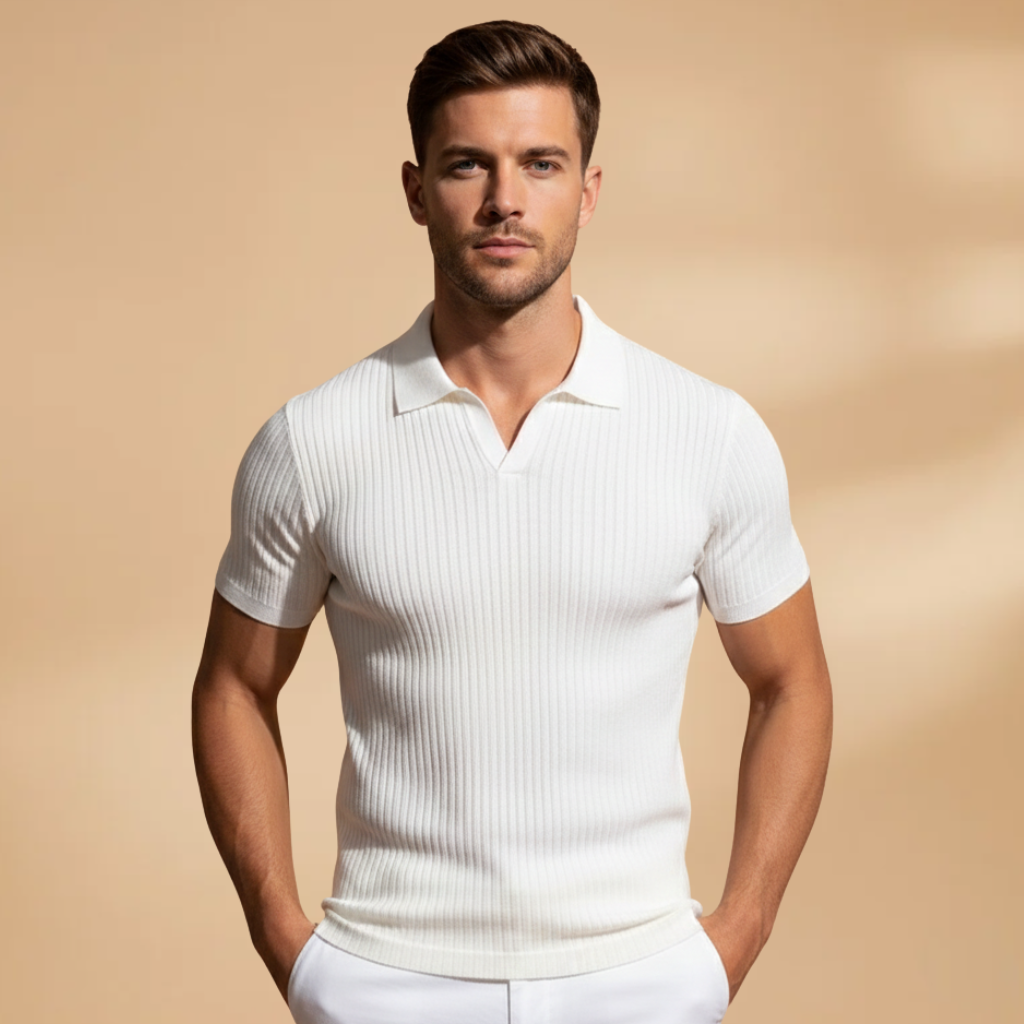 Modern men's slim fit ribbed polo, short sleeve. A versatile, stylish top for men's fashion & everyday wear.
