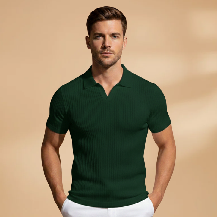 Ribbed men's polo shirt, slim fit, short sleeve. Provides a polished look for modern casual style.