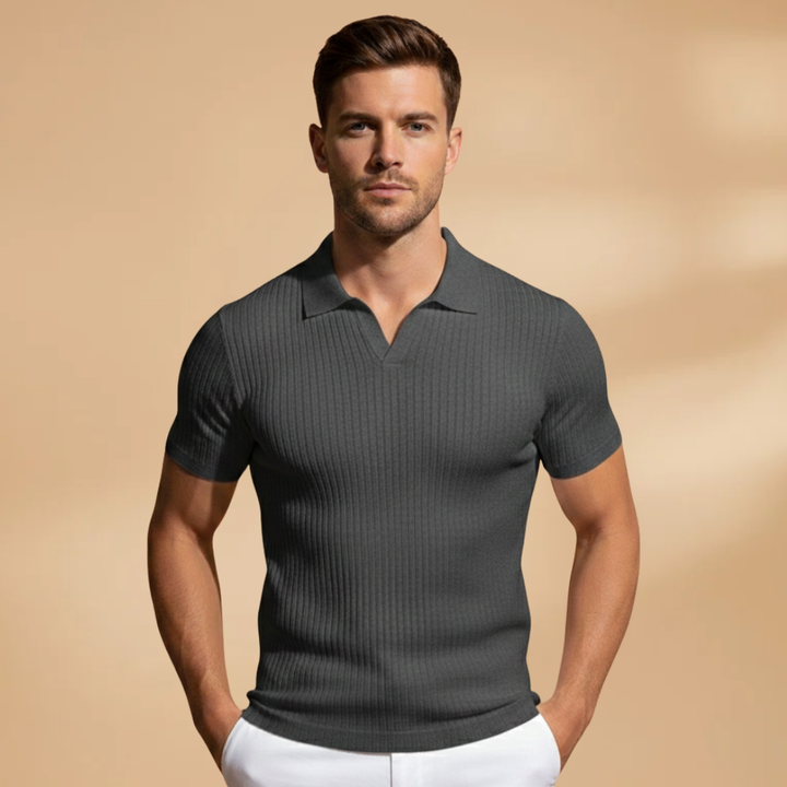Stylish men's ribbed polo, slim fit, short sleeve. A comfortable modern top for smart casual occasions.