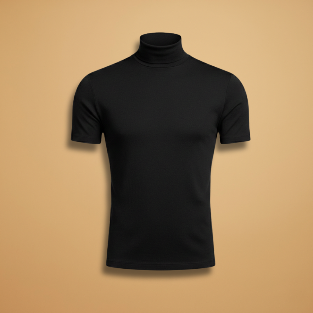 Men's slim fit roll neck t-shirt in a versatile color, perfect for year-round comfort and layering.
