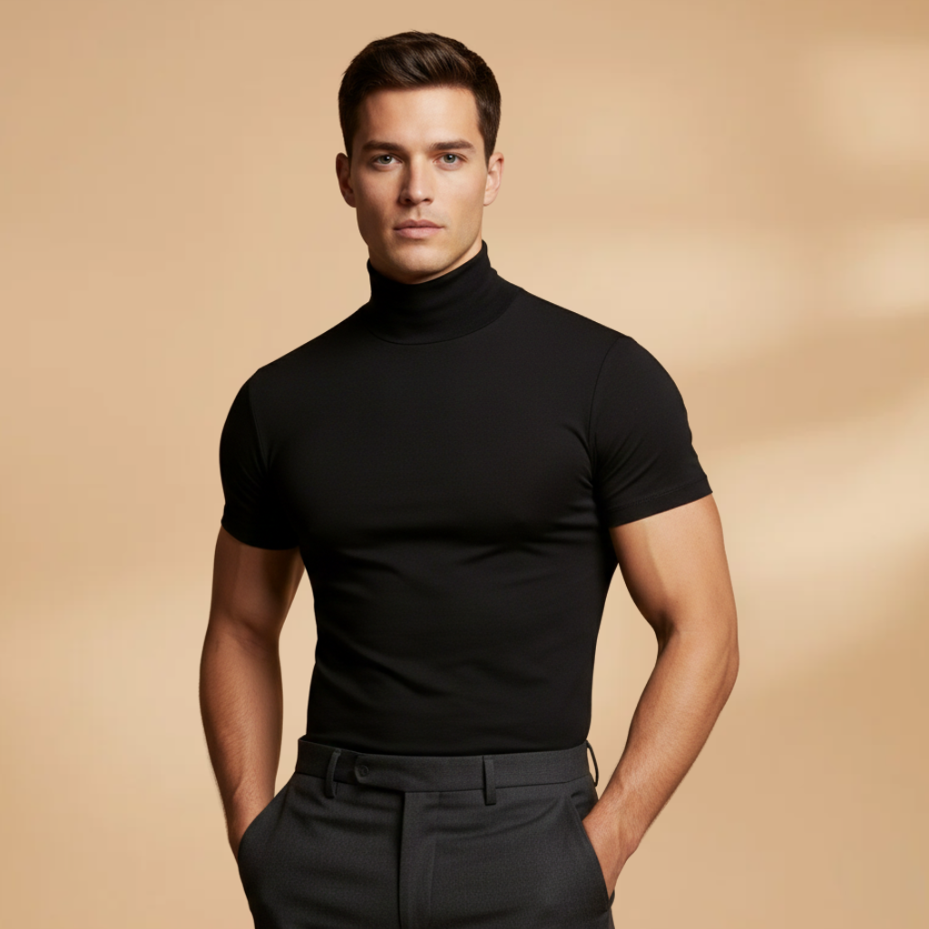 Comfortable men's roll neck t-shirt, slim fit, ideal for smart casual wear & layering throughout the year.