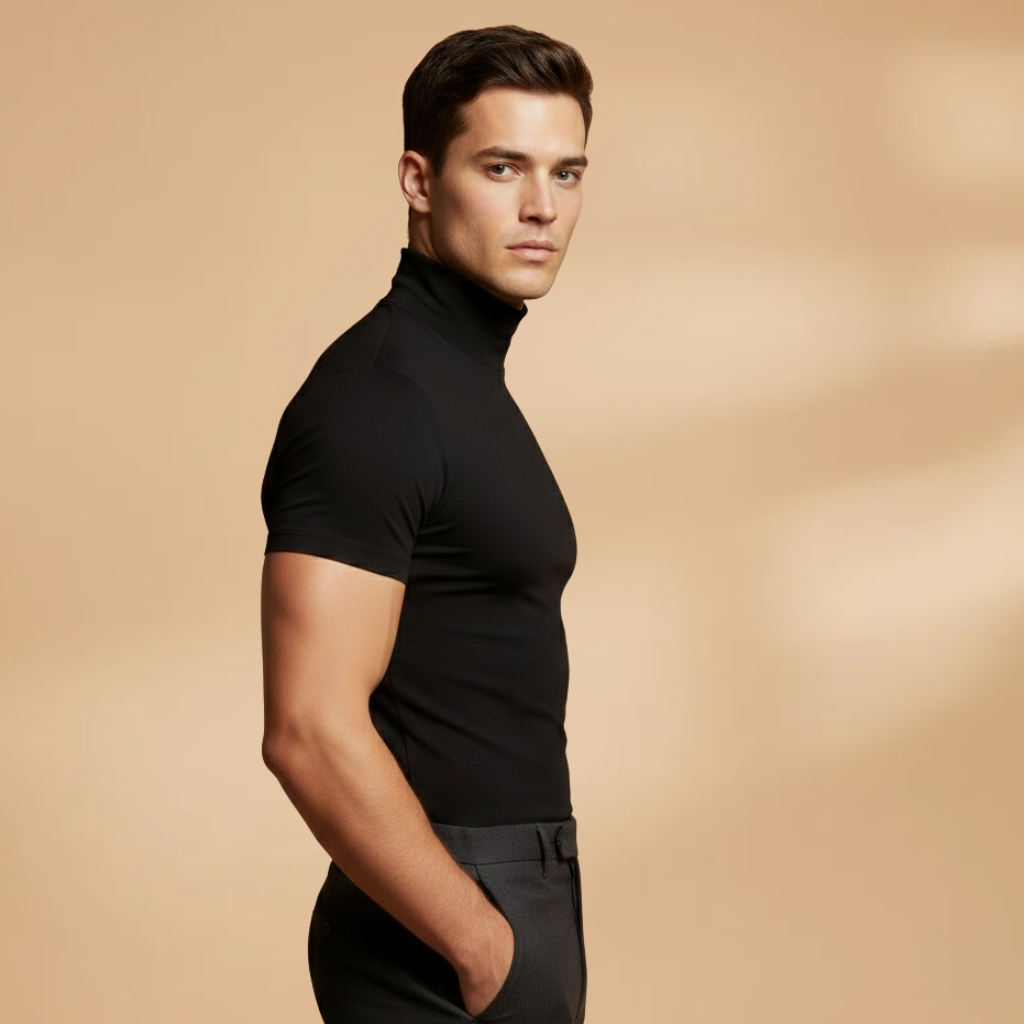 Stylish men's roll neck t-shirt, slim fit, a key piece for modern men's fashion and versatile styling.