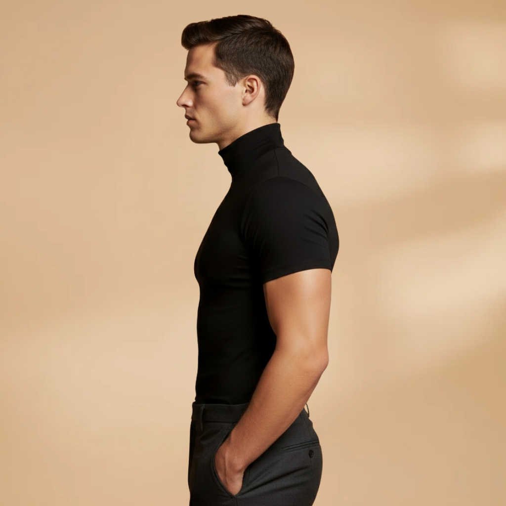 Close-up of the soft fabric and roll neck detail on a men's slim fit t-shirt, offering year-round comfort.