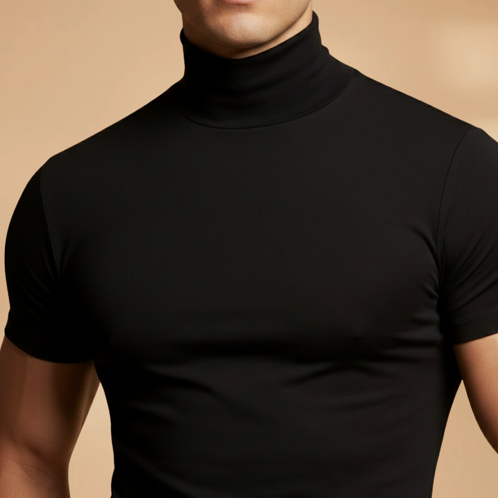 Year-round men's roll neck t-shirt, designed with a slim fit for a sleek look and ultimate comfort.