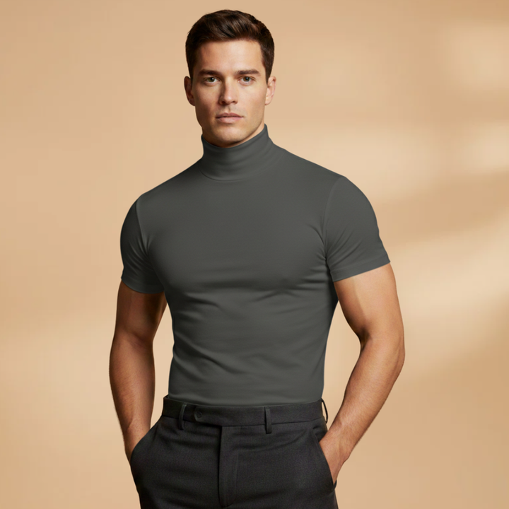 Front view of a men's black roll neck t-shirt, highlighting its slim fit and comfortable year-round design.