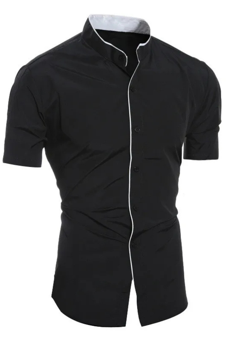 Blue men's slim fit short sleeve button-up shirt, stand collar. Ideal for summer & men's modern fashion.