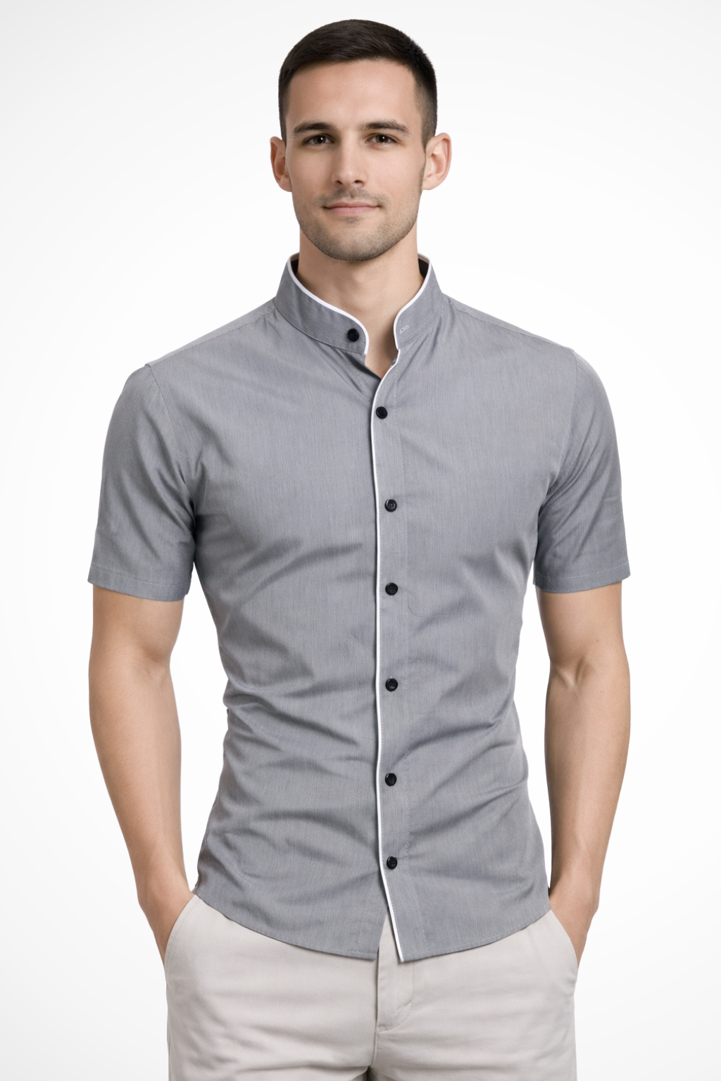 Modern men's slim fit short sleeve shirt. Stand collar adds sophistication to casual and smart casual wear.