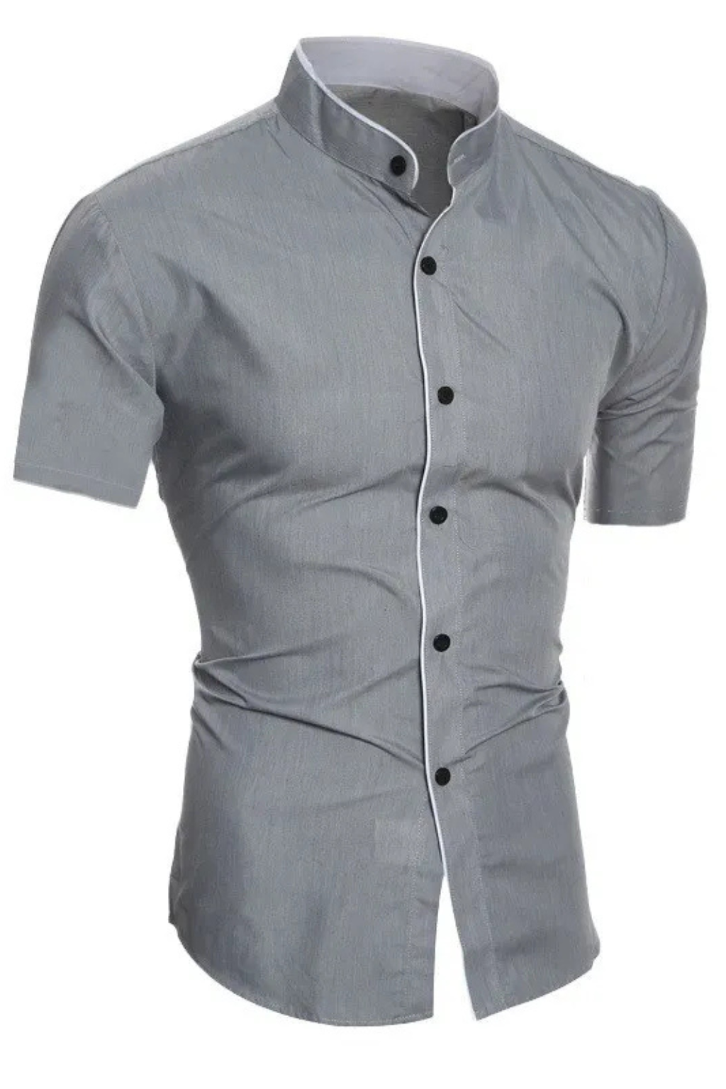Versatile men's short sleeve slim fit shirt, stand collar. Great for casual, smart casual, or summer occasions.