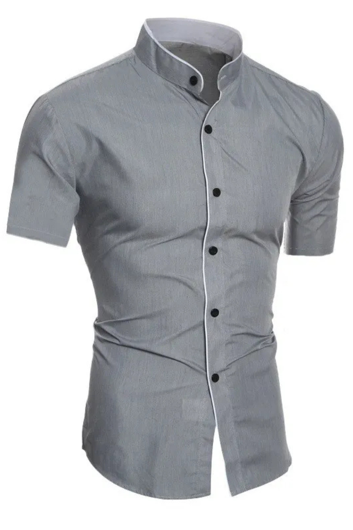 Versatile men's short sleeve slim fit shirt, stand collar. Great for casual, smart casual, or summer occasions.