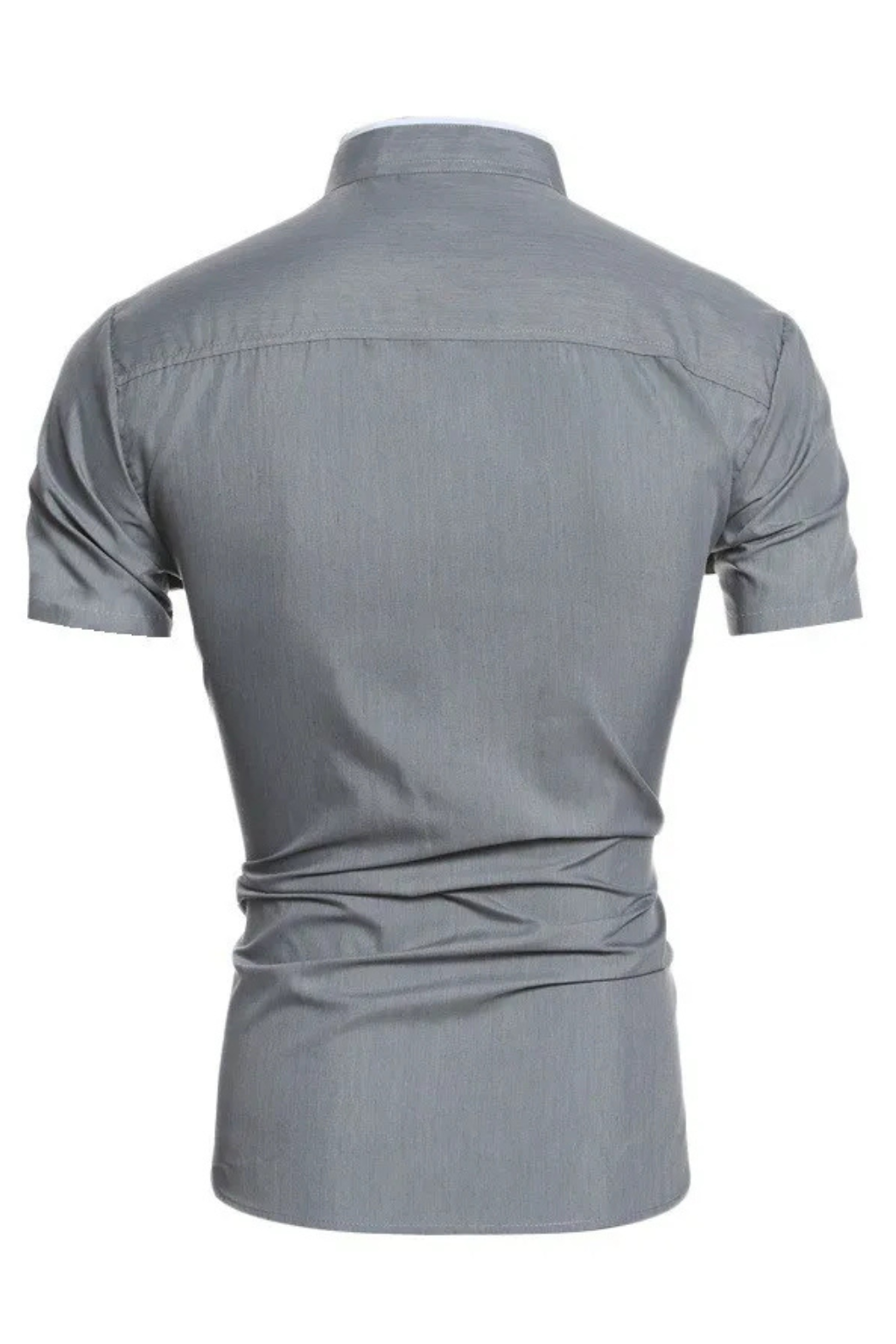 Front view of a men's slim fit short sleeve shirt, featuring a trendy stand collar and button-up design.