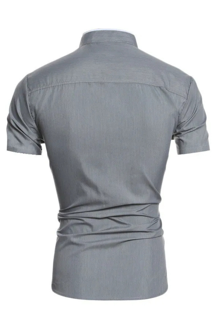Front view of a men's slim fit short sleeve shirt, featuring a trendy stand collar and button-up design.