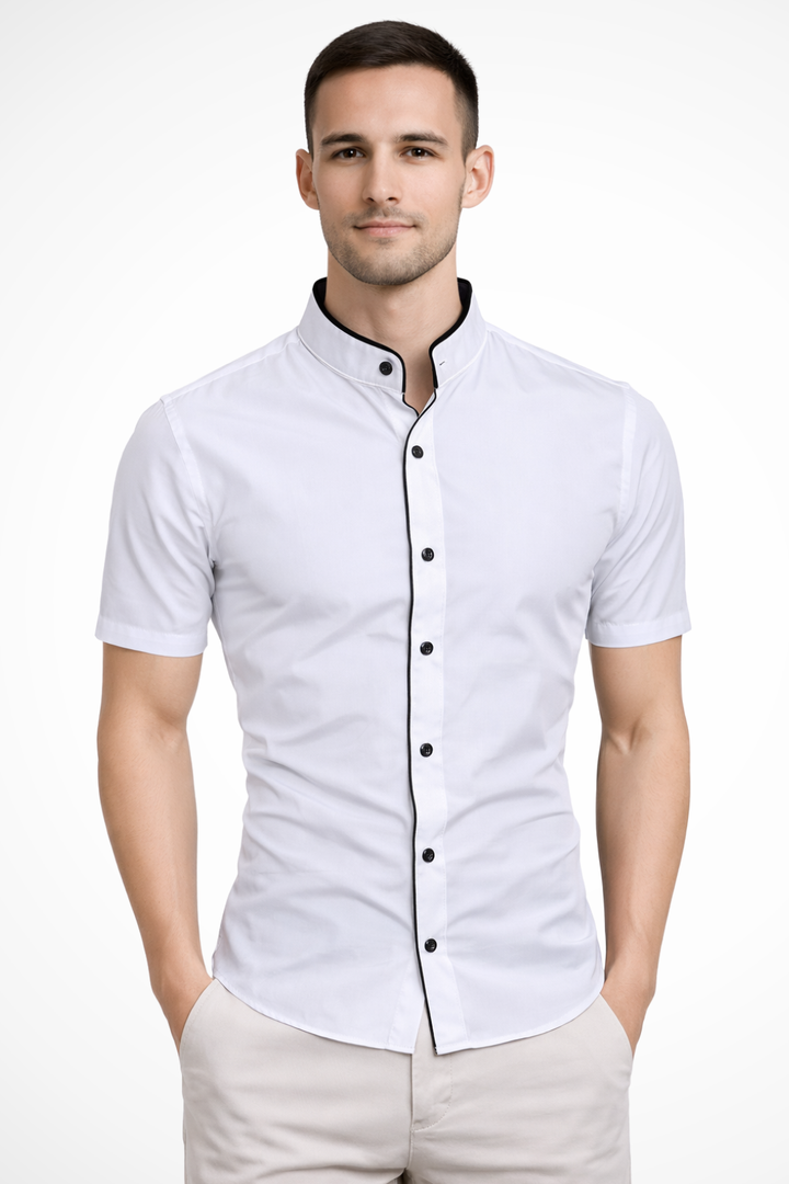 Summer-ready men's slim fit short sleeve shirt. Stand collar and modern style for comfortable casual elegance.