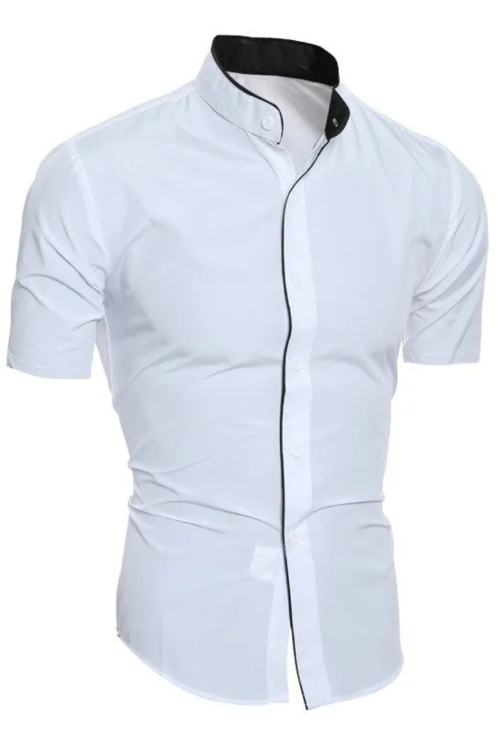 Men's smart casual slim fit short sleeve shirt with unique stand collar. A modern & versatile men's top.