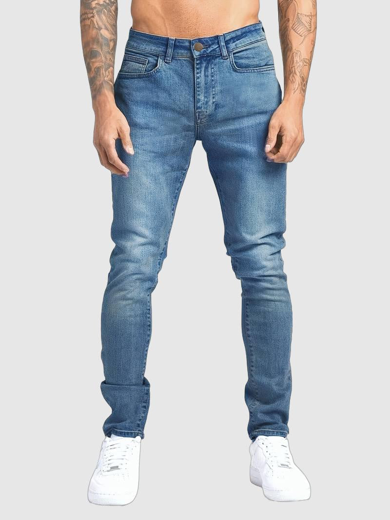 Men's slim fit streetwear jeans with classic 5-pocket design for casual urban style.