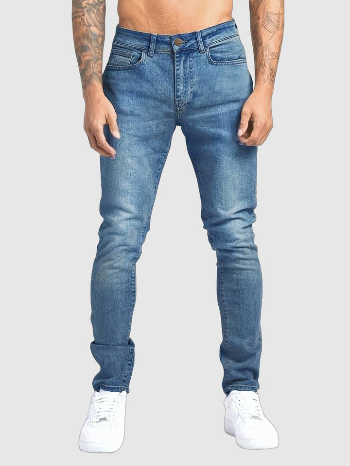 Men's slim fit streetwear jeans with classic 5-pocket design for casual urban style.