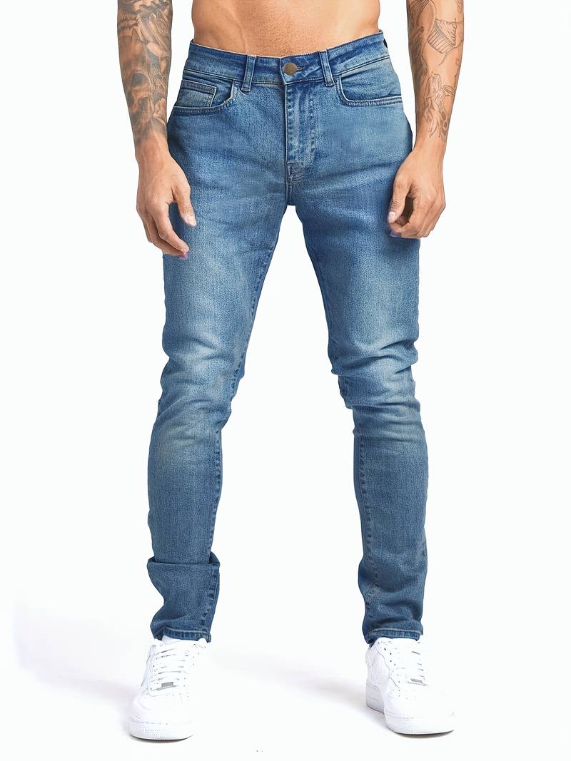 Modern men's slim fit jeans, perfect for urban streetwear fashion & versatile everyday wear.