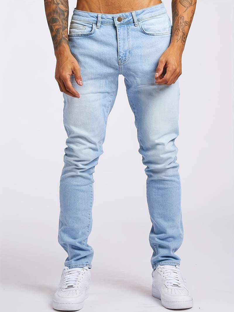 Durable men's slim fit streetwear jeans, classic 5-pocket style, perfect for modern urban apparel.