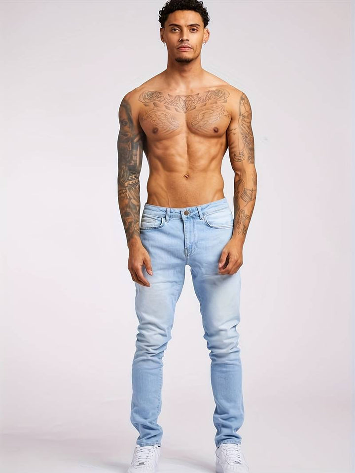 Versatile men's slim fit jeans, classic 5-pocket style, great for streetwear & casual outfits.