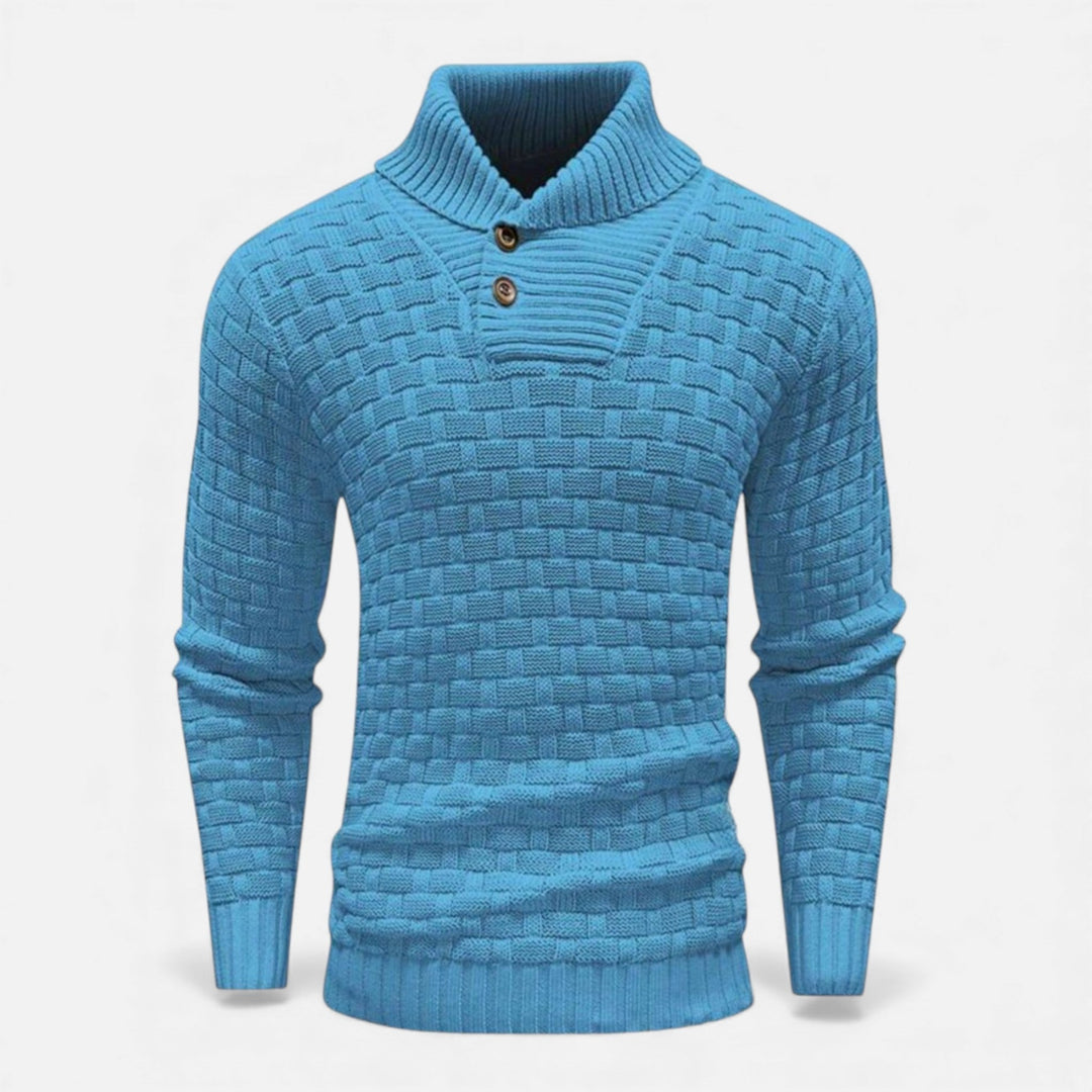 Men's slim fit turtleneck sweater with elegant button detail, perfect for winter style and comfort.