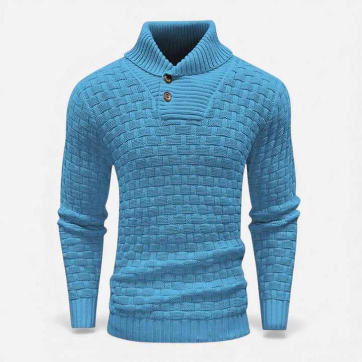 Men's slim fit turtleneck sweater with elegant button detail, perfect for winter style and comfort.