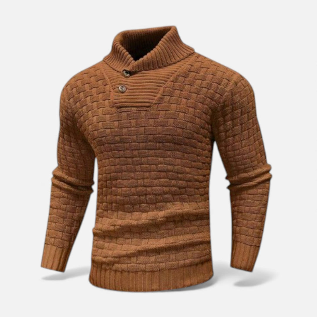 Comfortable men's slim fit turtleneck knit sweater, featuring elegant buttons for refined winter style.