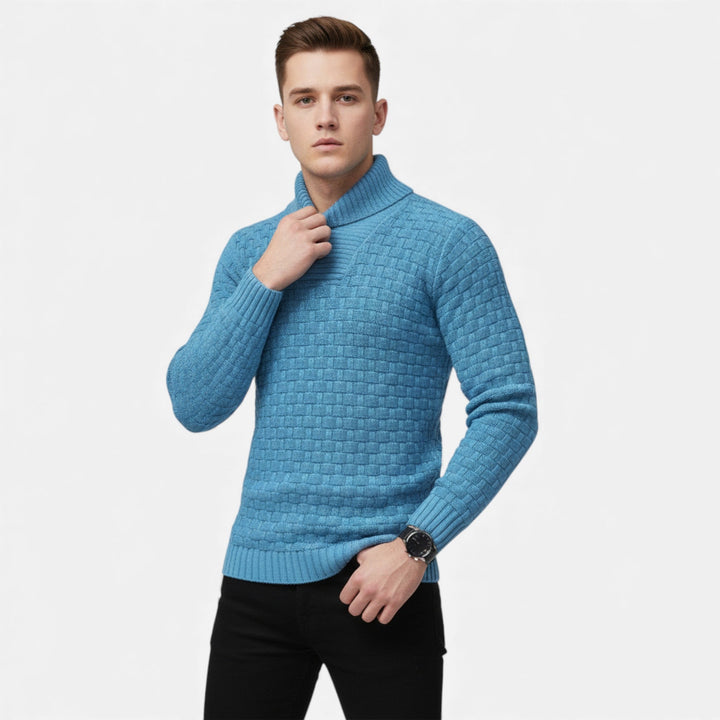Classic men's knit turtleneck sweater, slim fit, featuring stylish buttons for a versatile winter look.