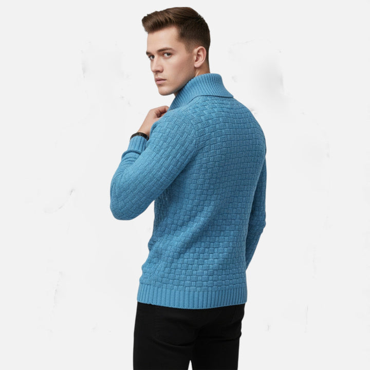 Elegant men's slim fit turtleneck sweater with unique button cuffs, ideal for winter comfort and style.