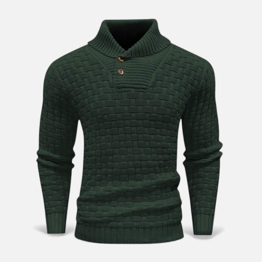 Men's slim fit turtleneck sweater, a comfortable knit with sophisticated button accents for elegant winter wear.