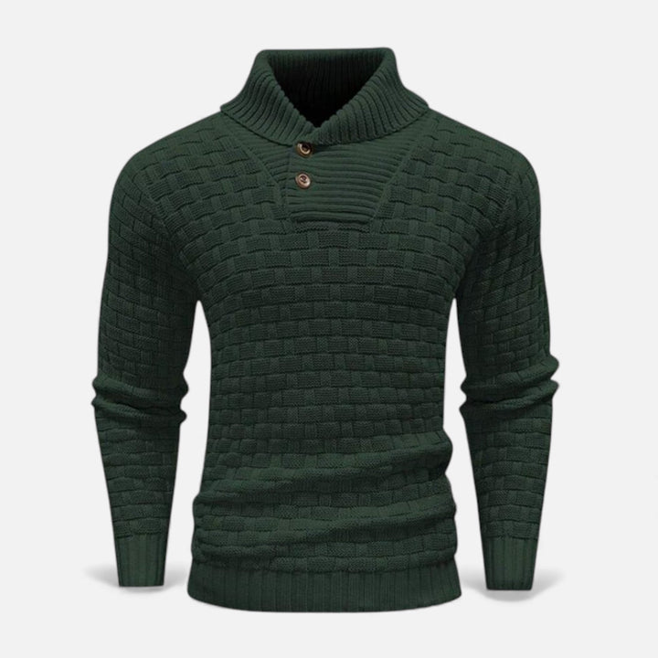 Men's slim fit turtleneck sweater, a comfortable knit with sophisticated button accents for elegant winter wear.