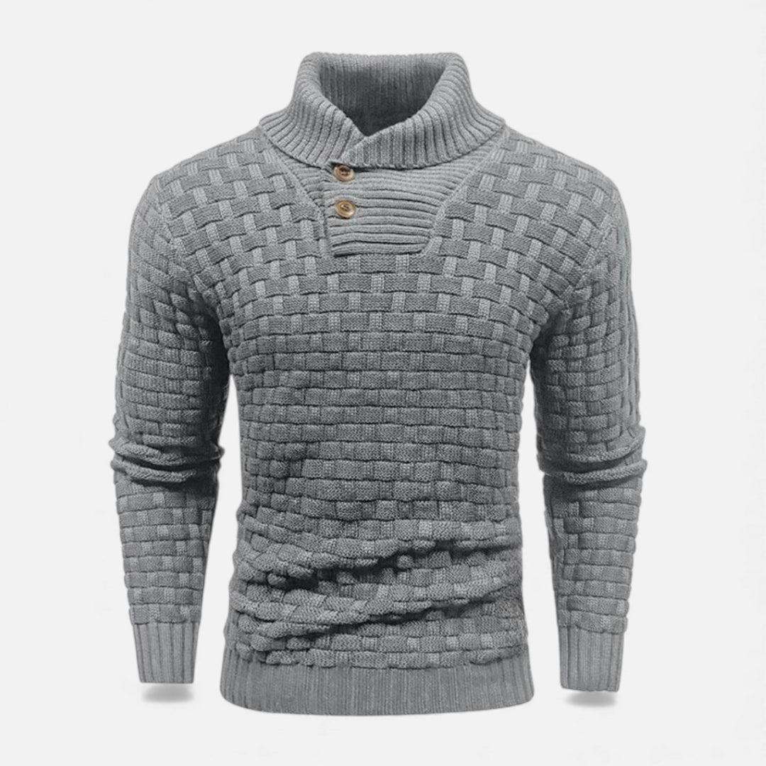 Stylish men's slim fit turtleneck knit sweater, featuring modern button details for a classic winter look.