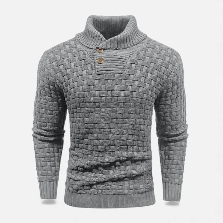 Stylish men's slim fit turtleneck knit sweater, featuring modern button details for a classic winter look.