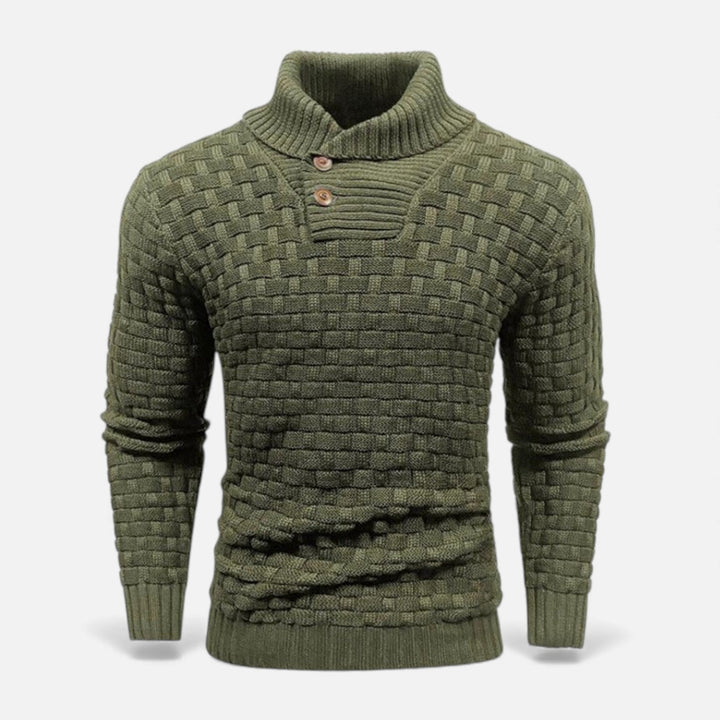 Man modeling a slim fit turtleneck sweater with elegant buttons, perfect for a chic and warm winter outfit.