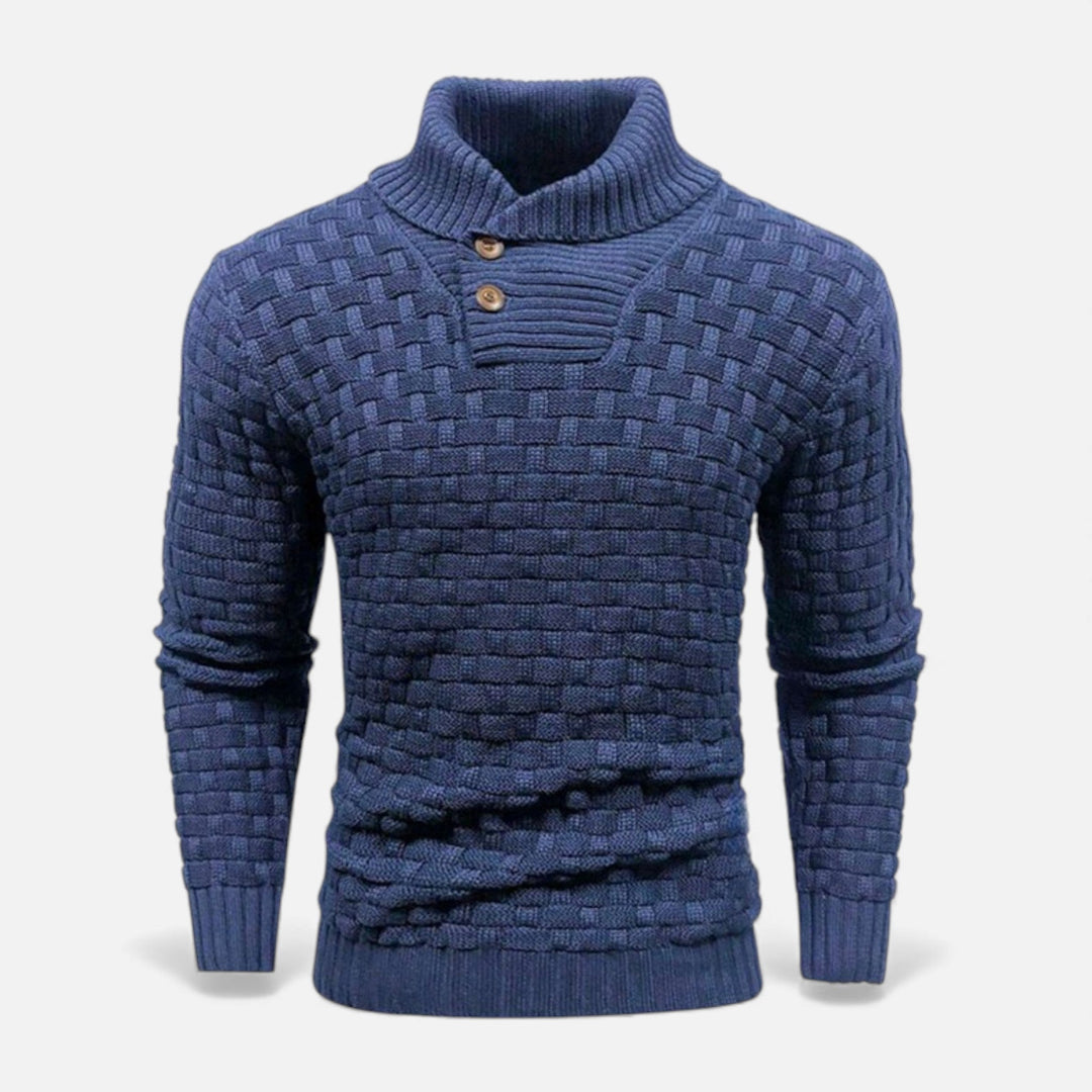 Close-up of button detail on a men's classic slim fit knit turtleneck sweater, suitable for winter.