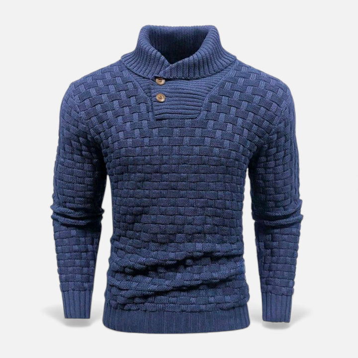 Close-up of button detail on a men's classic slim fit knit turtleneck sweater, suitable for winter.