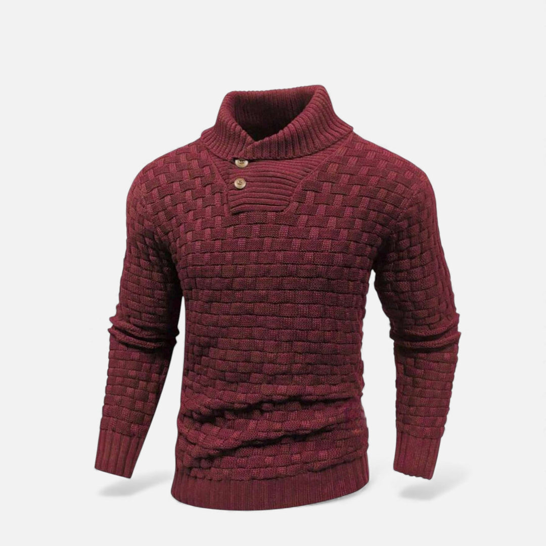 Full-length view of a men's slim fit turtleneck sweater, showcasing its elegant buttons and quality knit.
