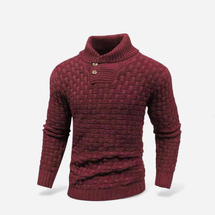 Full-length view of a men's slim fit turtleneck sweater, showcasing its elegant buttons and quality knit.