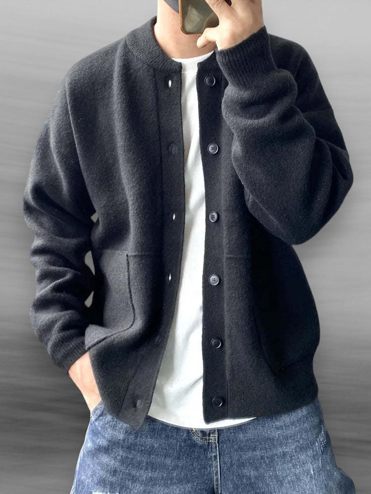 Men's soft button-front cardigan sweater for casual layering. Comfortable long-sleeve fall fashion.
