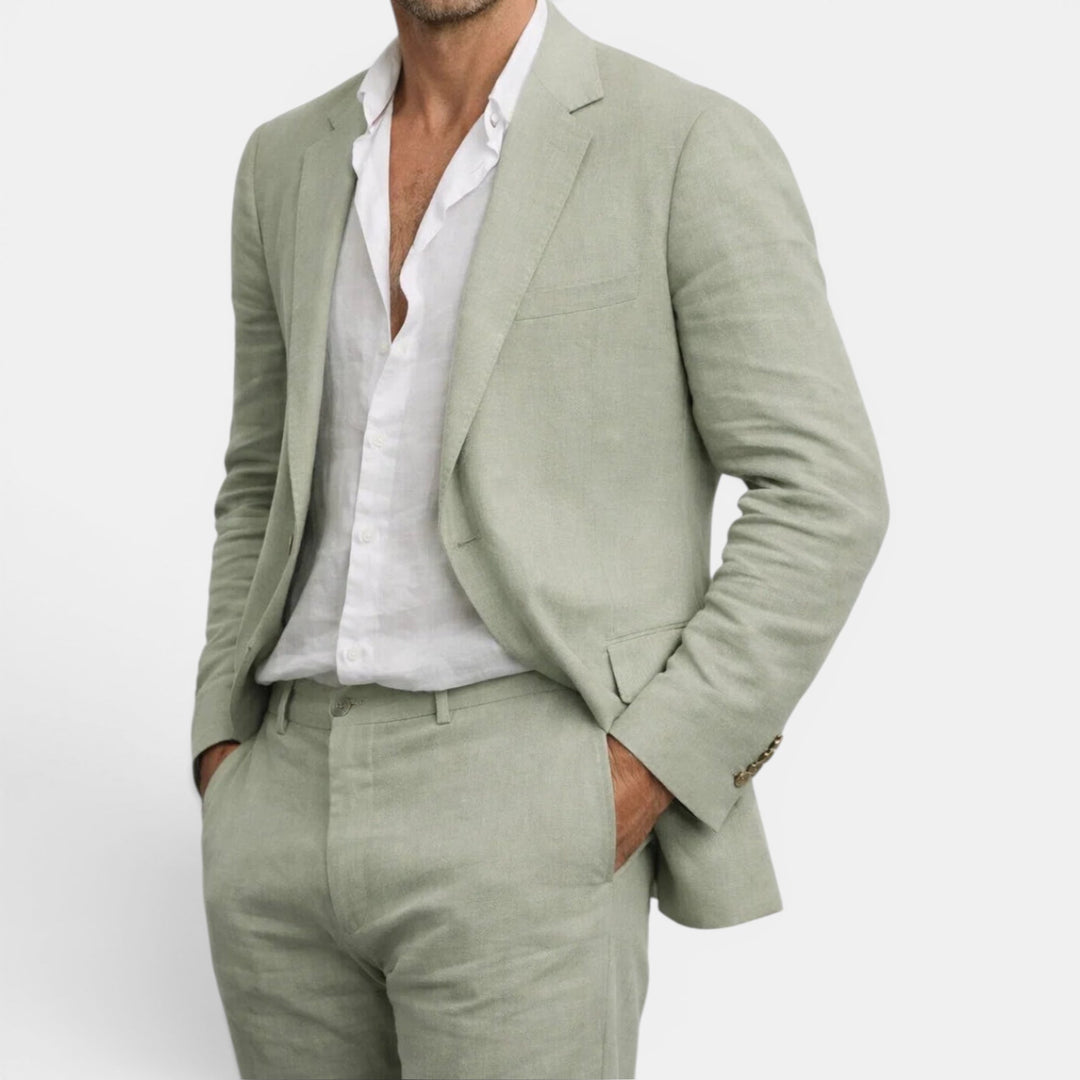 Men's sophisticated tailored two-piece suit set with blazer & pants, ideal for business & formal events.