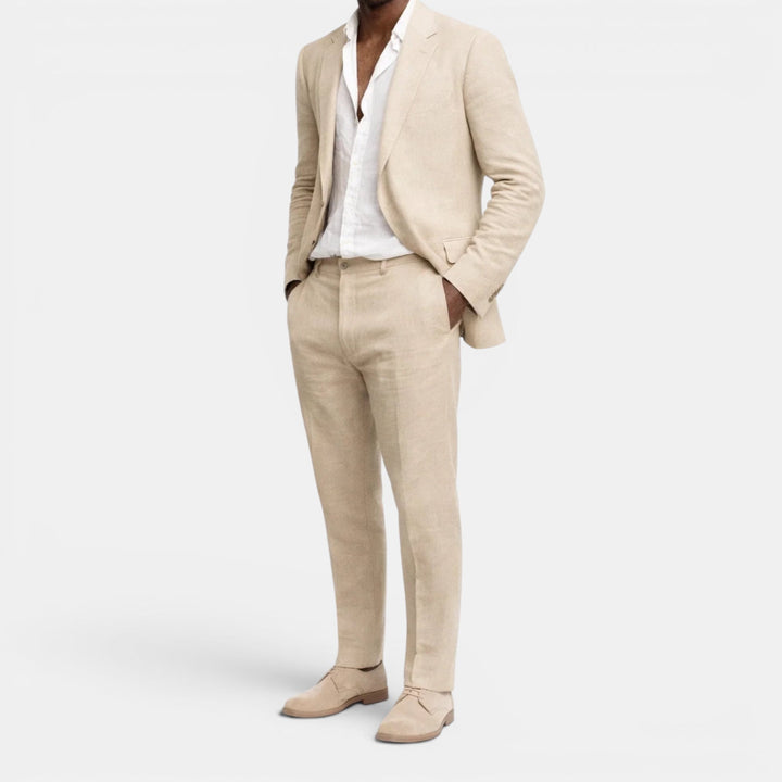 Stylish men's green tailored suit set, featuring a sophisticated blazer & matching pants for smart casual wear.