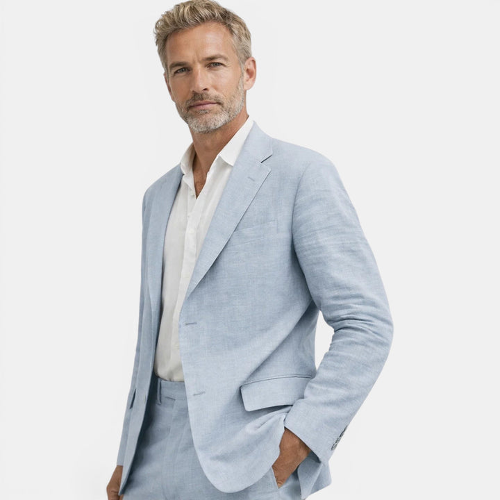 Men's sophisticated tailored blazer & matching pants set. A stylish two-piece formal wear essential.