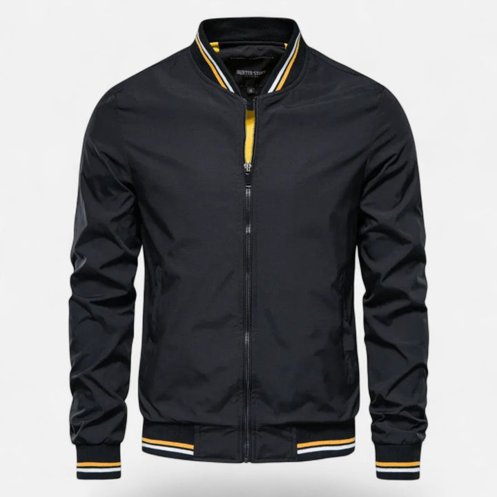 Men's stand-collar non-iron casual jacket in classic navy, perfect for autumn & everyday outerwear.