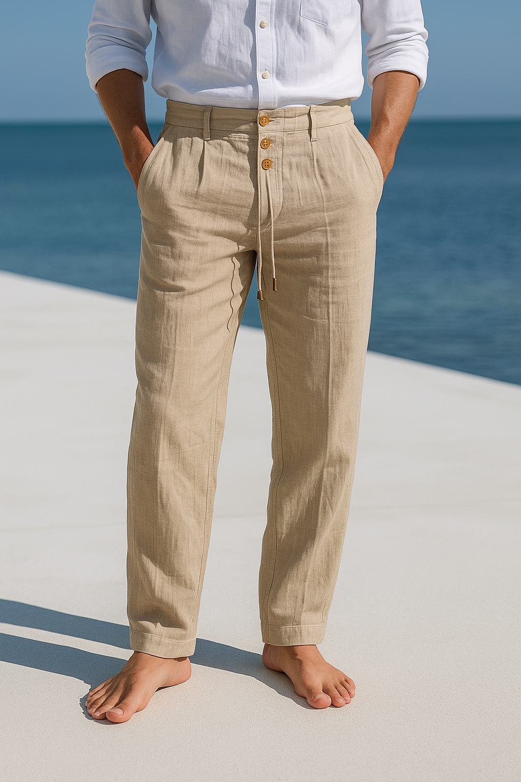 Men's straight fit linen trousers for breathable summer comfort. Perfect for hot weather.