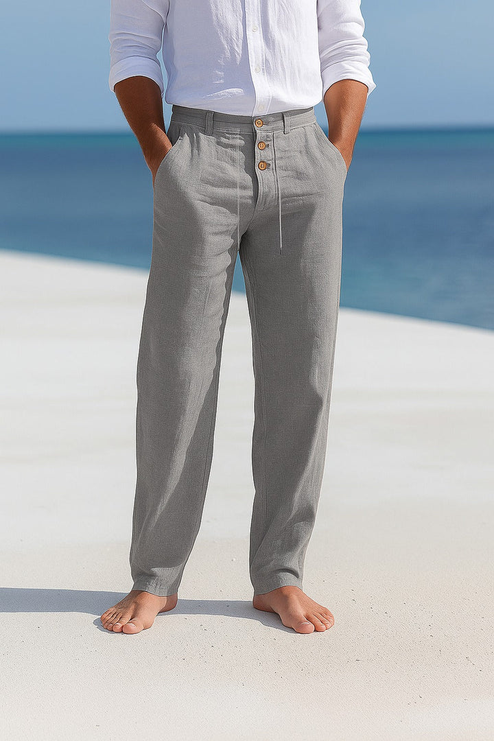 Breathable men's linen trousers, straight fit, ensuring ultimate summer comfort. Essential casual wear.