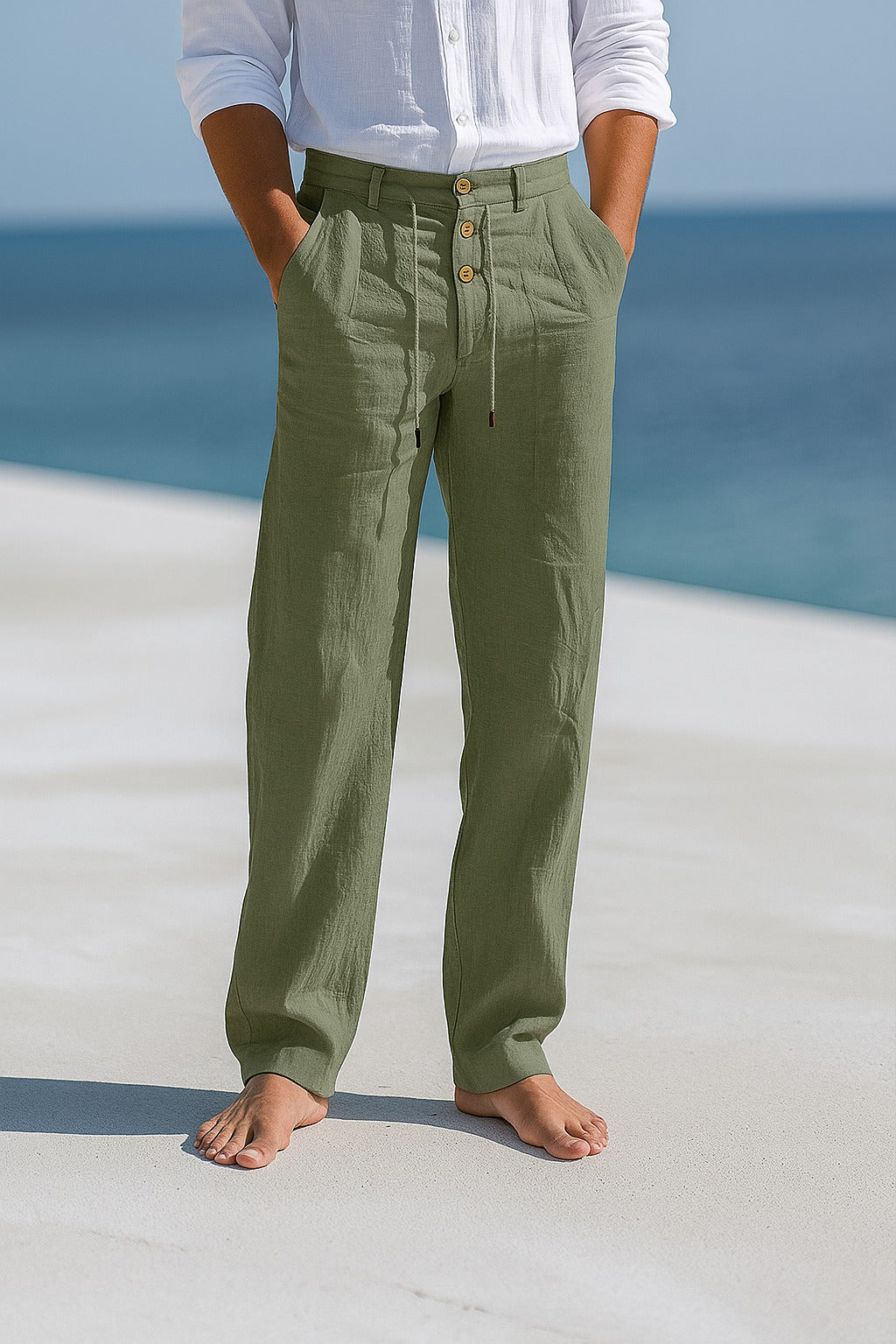 Versatile men's straight fit linen trousers, great for casual outings, beach days, or summer events.