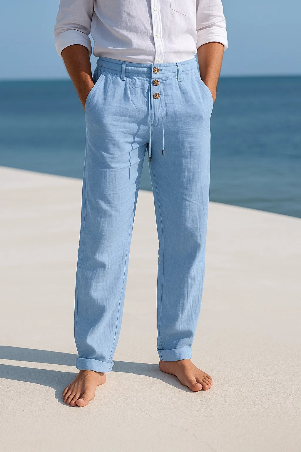 Elegant yet casual men's straight fit linen pants for a cool, relaxed & comfortable summer look.