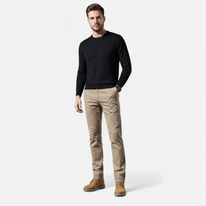 Khaki men's straight-leg tailored trousers. Versatile for smart casual, business attire, & classic men's fashion.