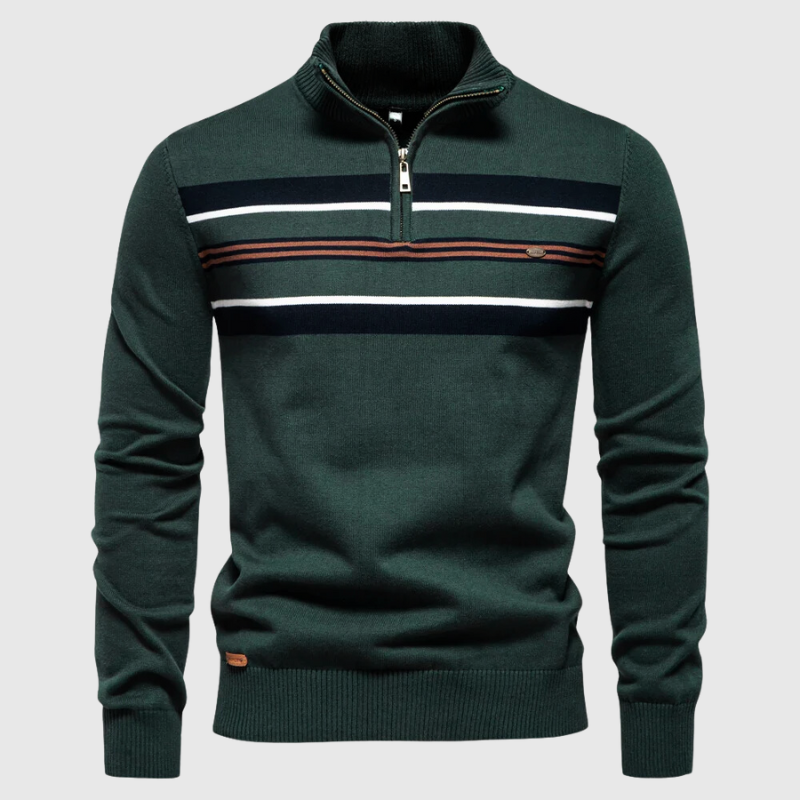Men's striped quarter zip sweater. Versatile long sleeve top for smart casual fashion & everyday comfort.